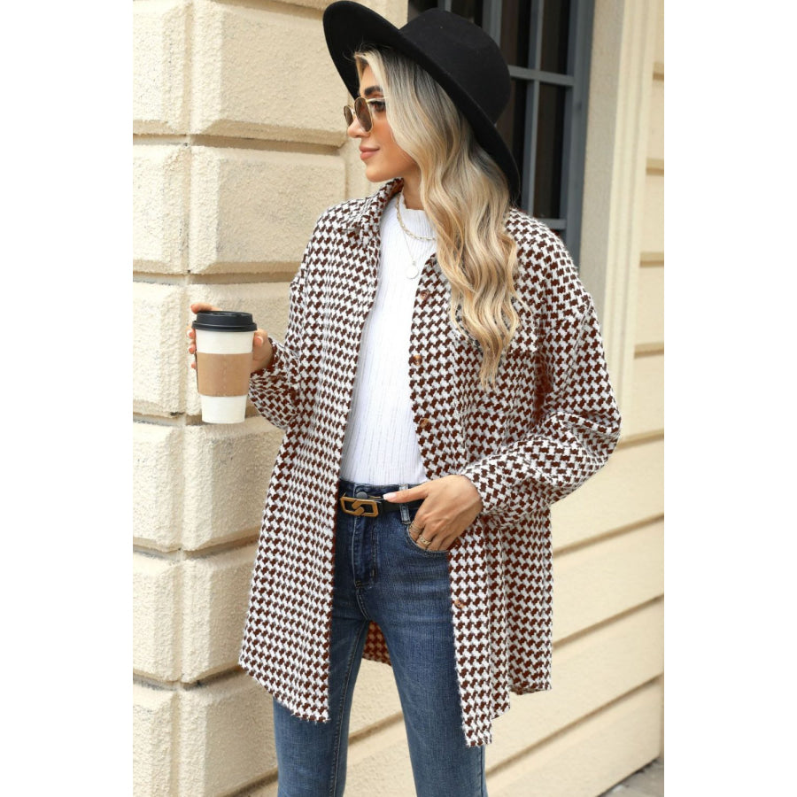 Houndstooth Button Up Dropped Shoulder Coat Apparel and Accessories