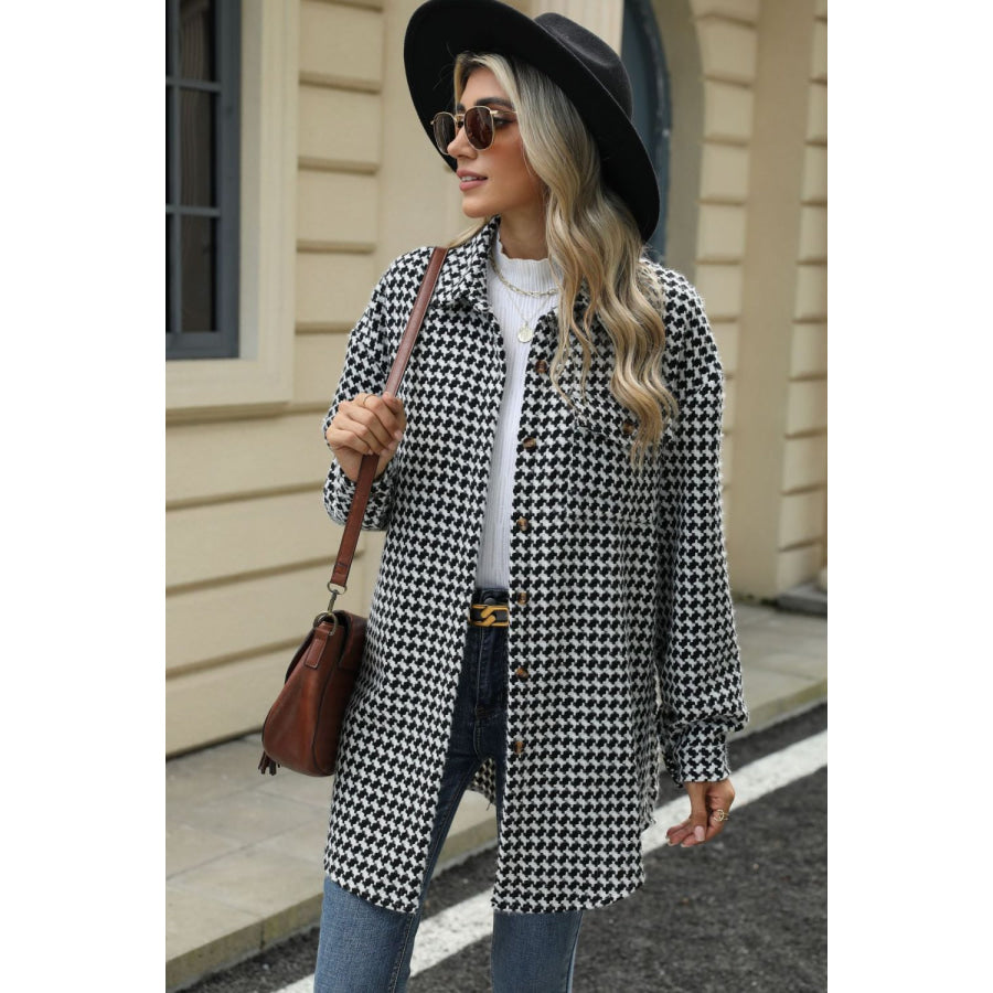 Houndstooth Button Up Dropped Shoulder Coat Apparel and Accessories