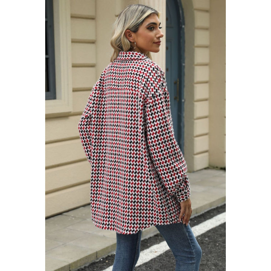 Houndstooth Button Up Dropped Shoulder Coat Apparel and Accessories