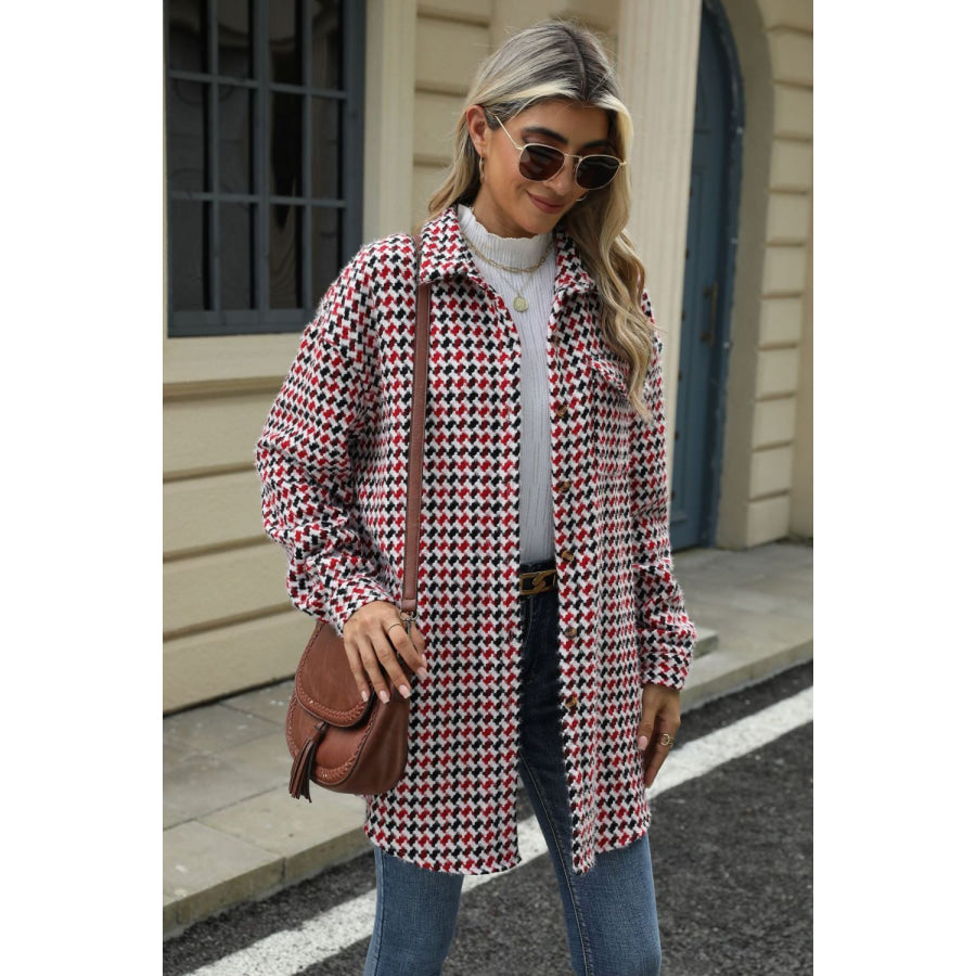 Houndstooth Button Up Dropped Shoulder Coat Apparel and Accessories