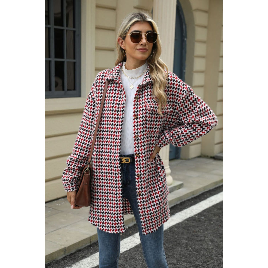 Houndstooth Button Up Dropped Shoulder Coat Apparel and Accessories