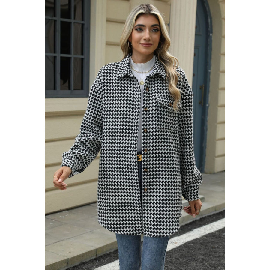 Houndstooth Button Up Dropped Shoulder Coat Apparel and Accessories