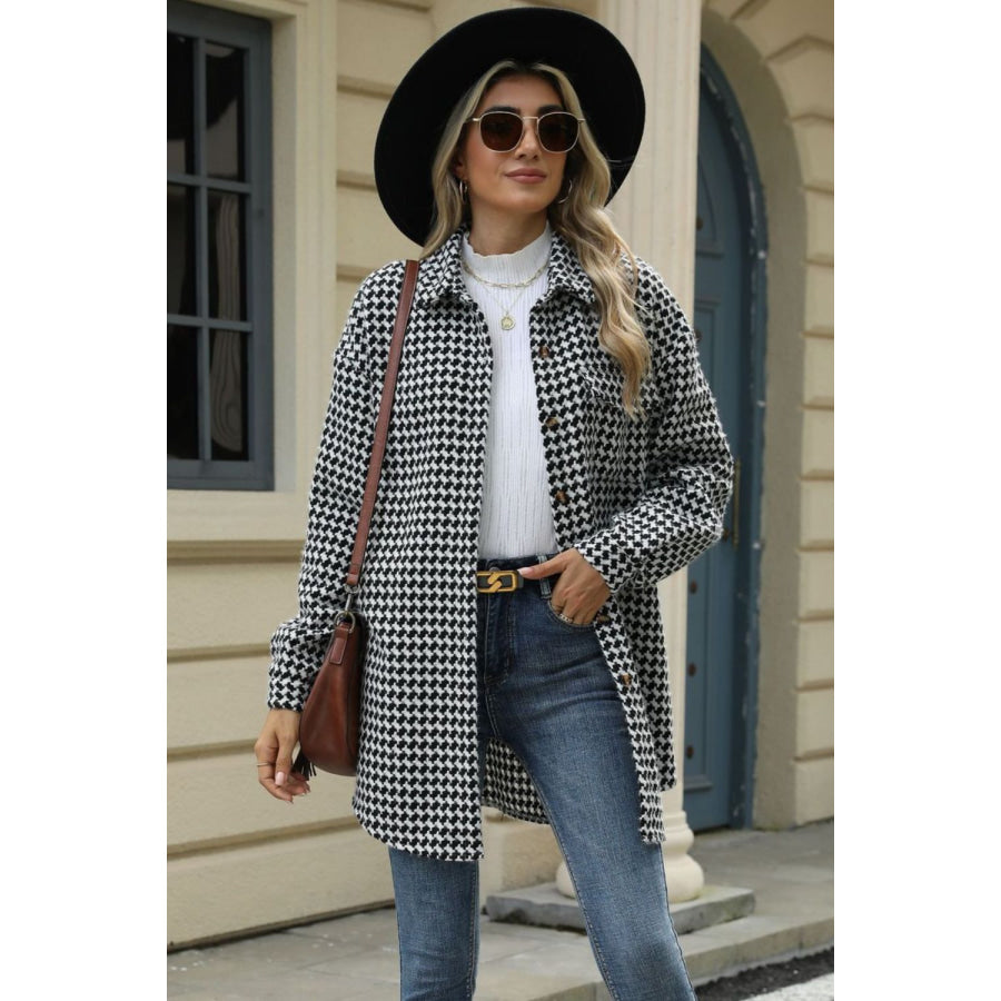 Houndstooth Button Up Dropped Shoulder Coat Apparel and Accessories