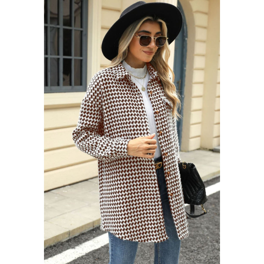 Houndstooth Button Up Dropped Shoulder Coat Apparel and Accessories