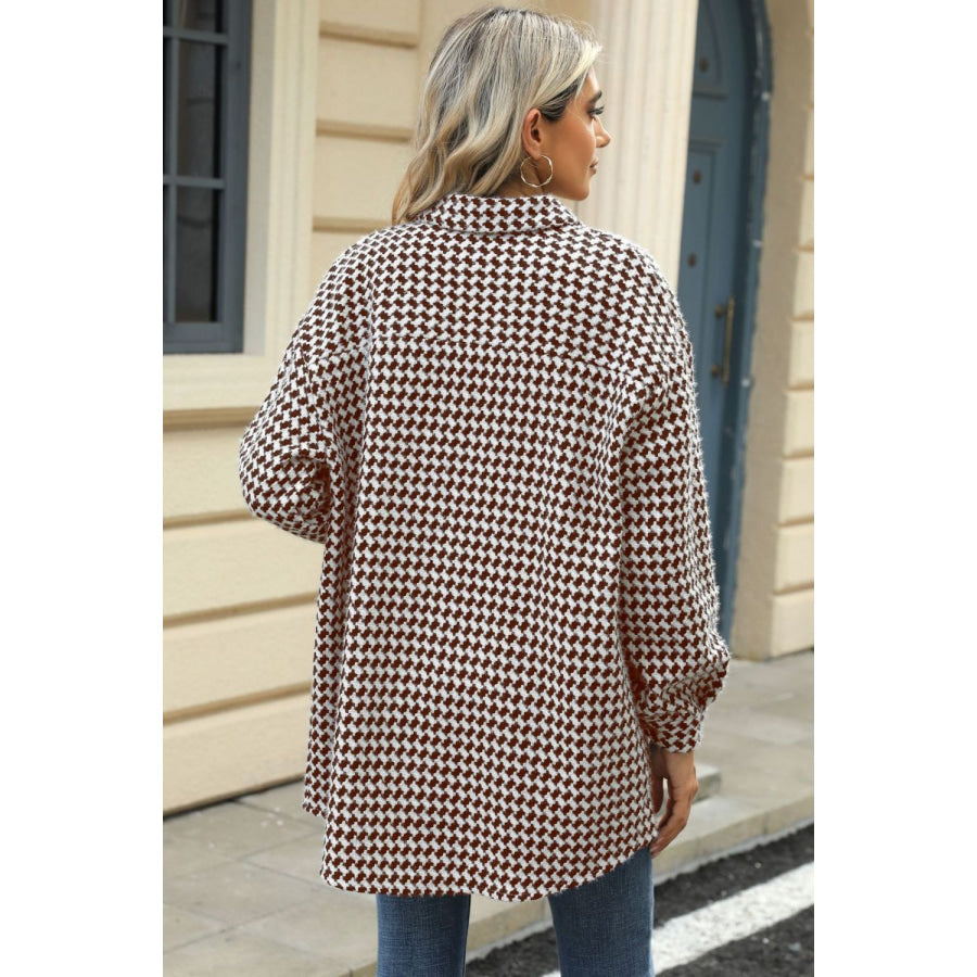 Houndstooth Button Up Dropped Shoulder Coat Apparel and Accessories