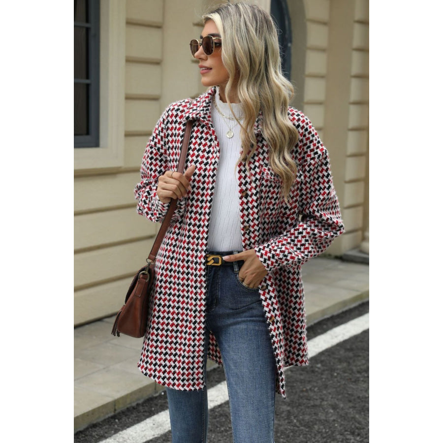 Houndstooth Button Up Dropped Shoulder Coat Apparel and Accessories