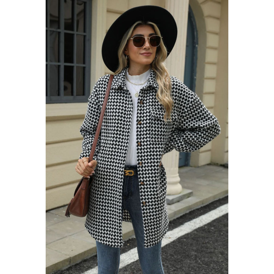 Houndstooth Button Up Dropped Shoulder Coat Apparel and Accessories