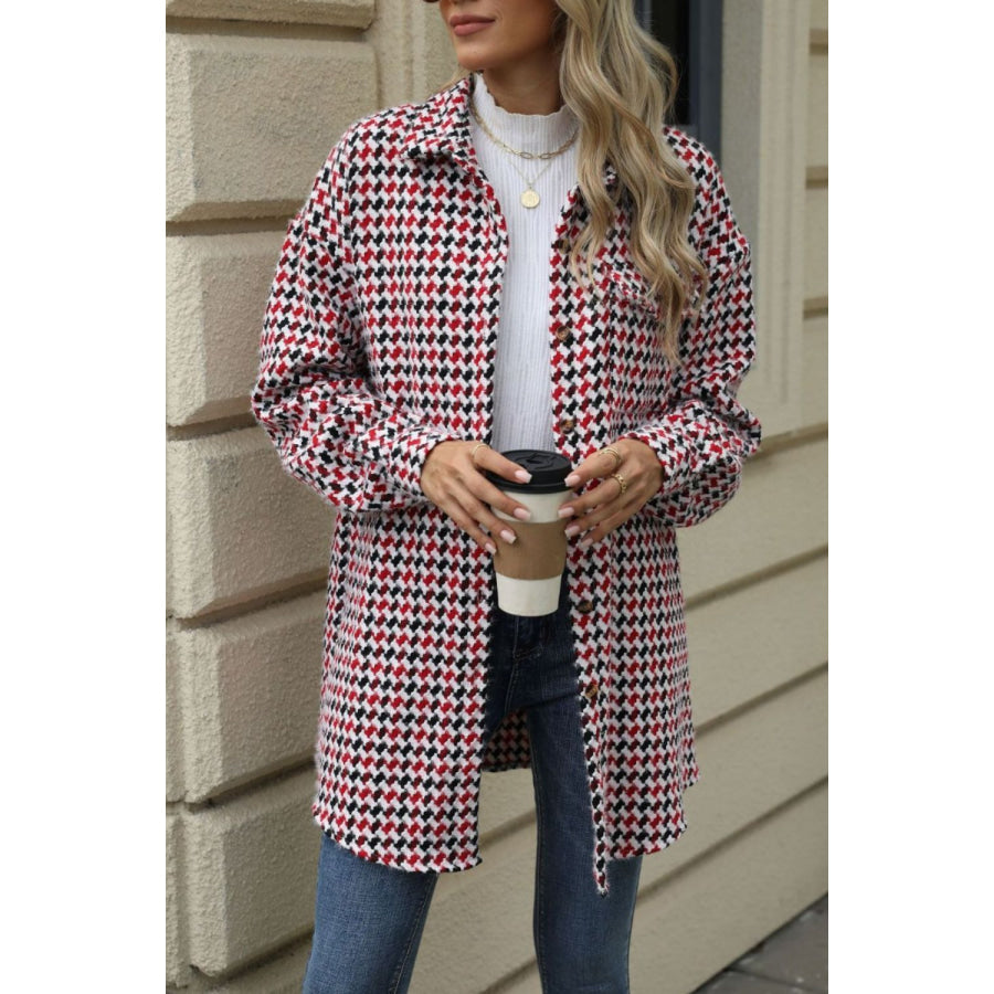 Houndstooth Button Up Dropped Shoulder Coat Apparel and Accessories