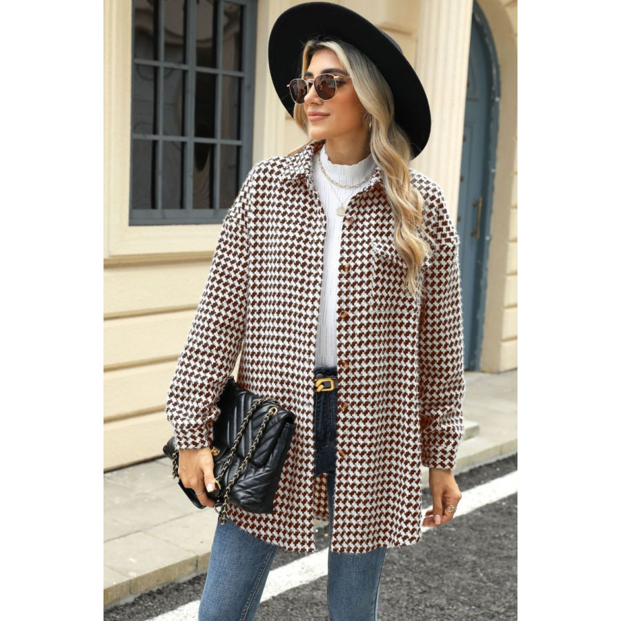 Houndstooth Button Up Dropped Shoulder Coat Apparel and Accessories