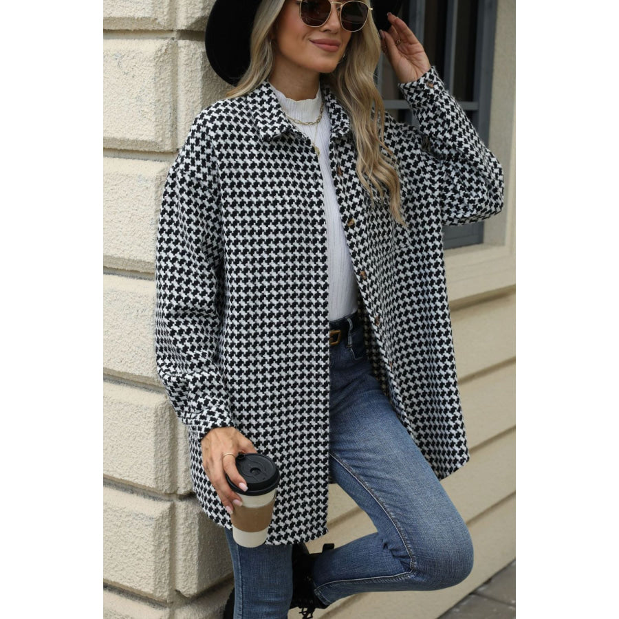 Houndstooth Button Up Dropped Shoulder Coat Black / S Apparel and Accessories