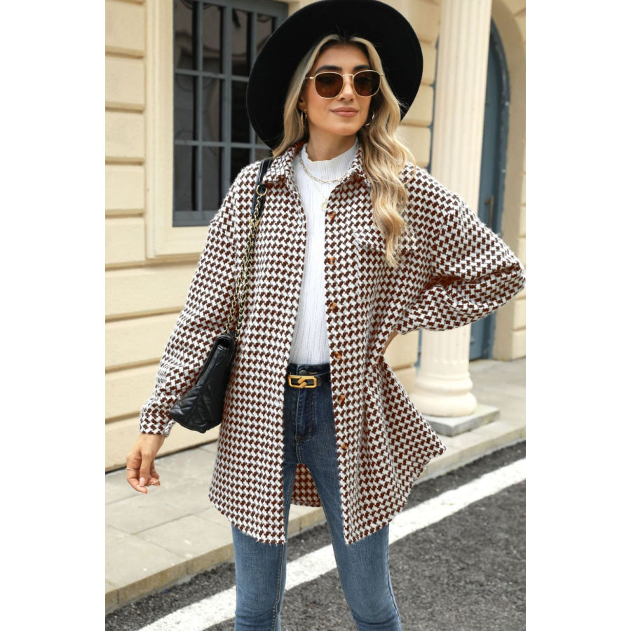 Houndstooth Button Up Dropped Shoulder Coat Brown / S Apparel and Accessories