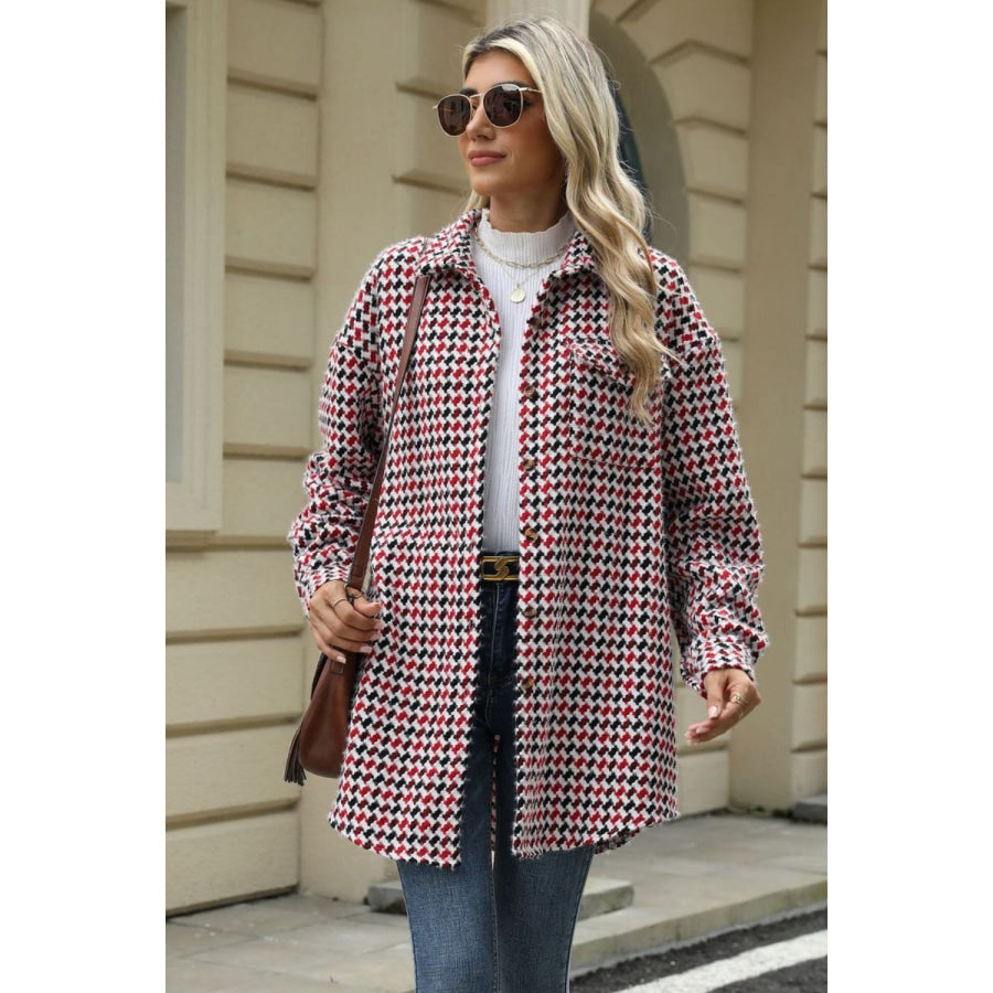 Houndstooth Button Up Dropped Shoulder Coat Deep Red / S Apparel and Accessories