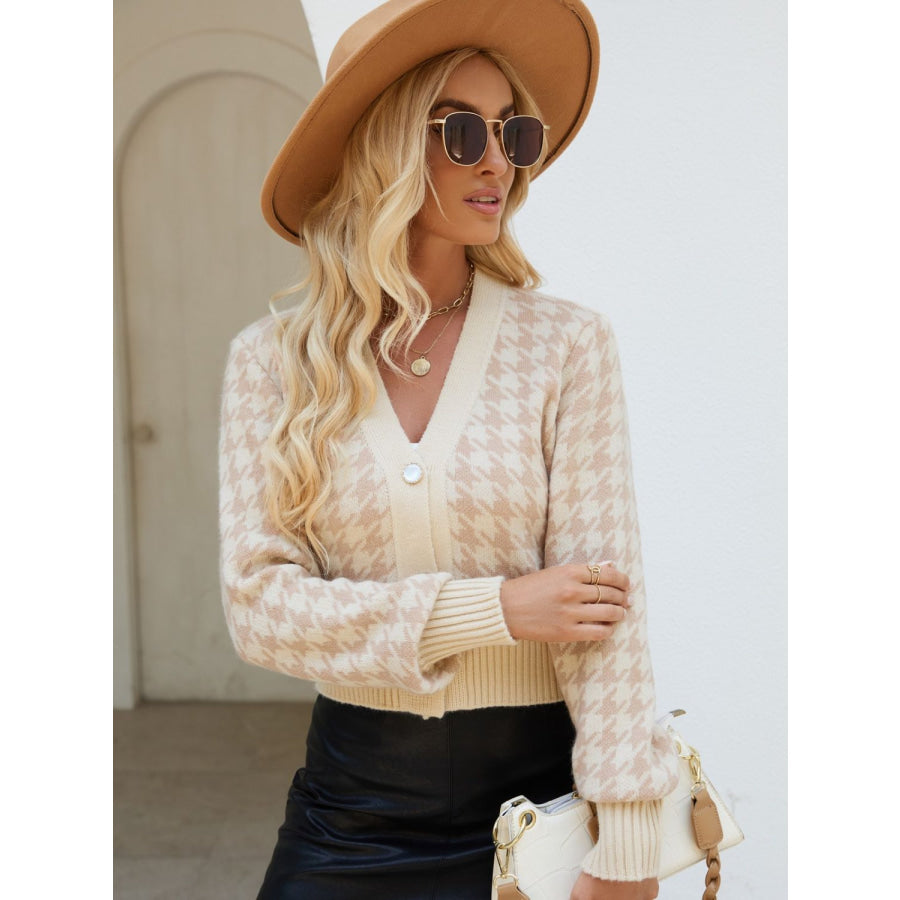 Houndstooth Button Up Long Sleeve Cardigan Tan / One Size Apparel and Accessories