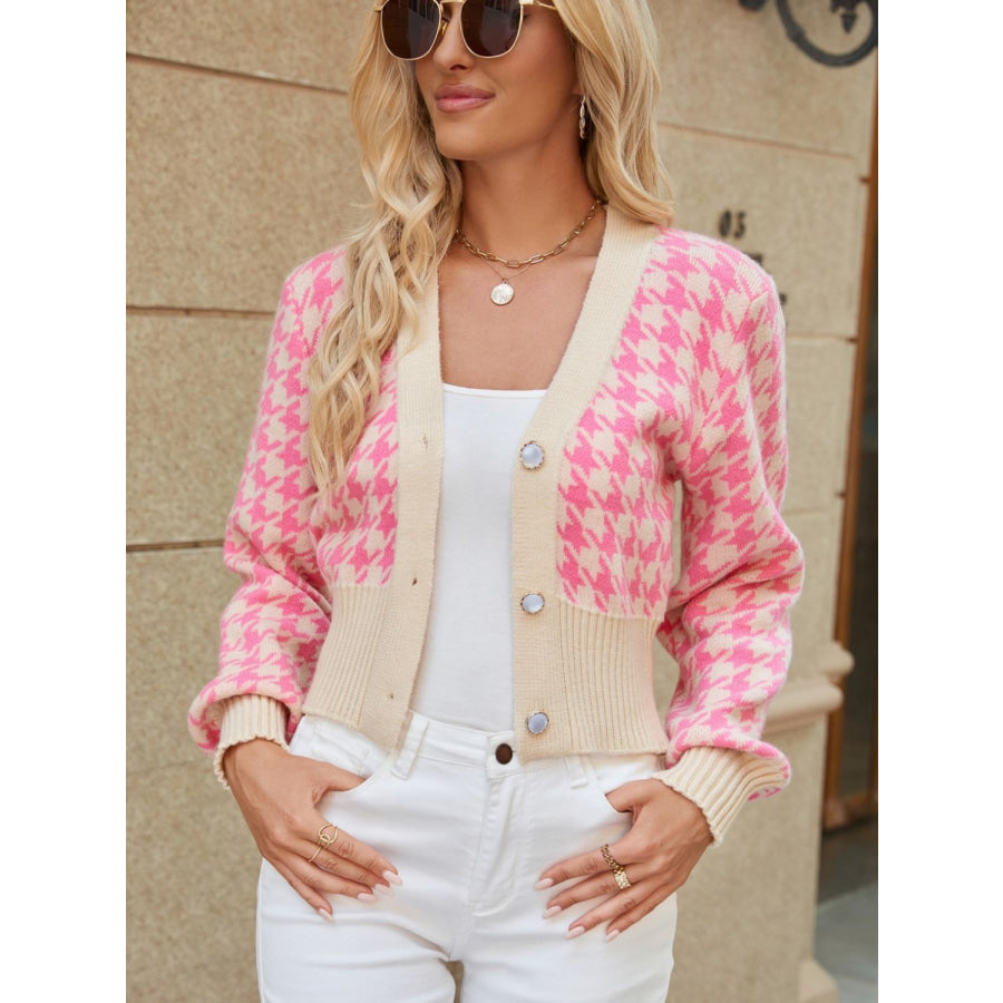 Houndstooth Button Up Long Sleeve Cardigan Apparel and Accessories