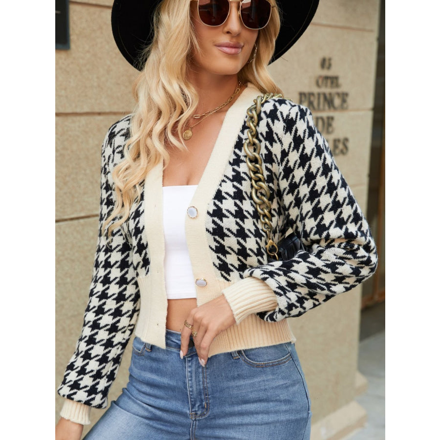 Houndstooth Button Up Long Sleeve Cardigan Apparel and Accessories