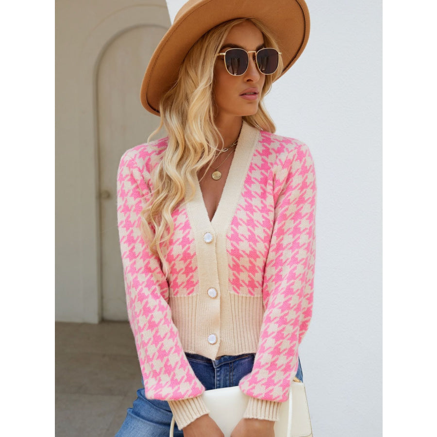 Houndstooth Button Up Long Sleeve Cardigan Pink / One Size Apparel and Accessories