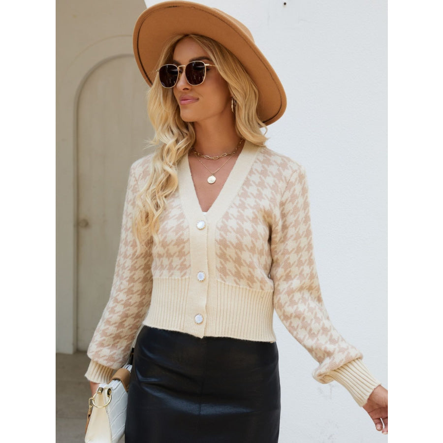 Houndstooth Button Up Long Sleeve Cardigan Tan / One Size Apparel and Accessories