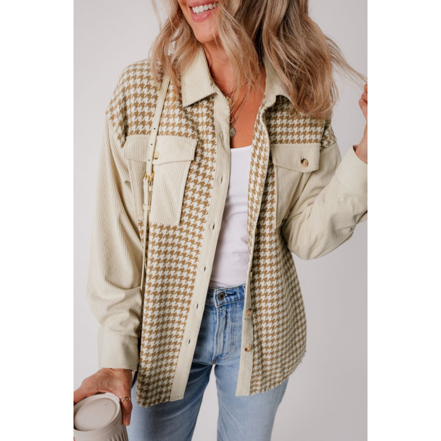 Houndstooth Button Up Long Sleeve Jacket Beige / S Apparel and Accessories