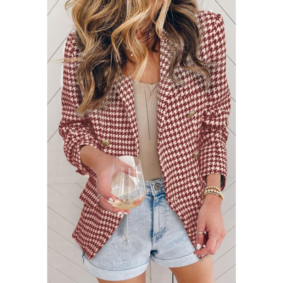 Houndstooth Collared Neck Double-Breasted Blazer Apparel and Accessories