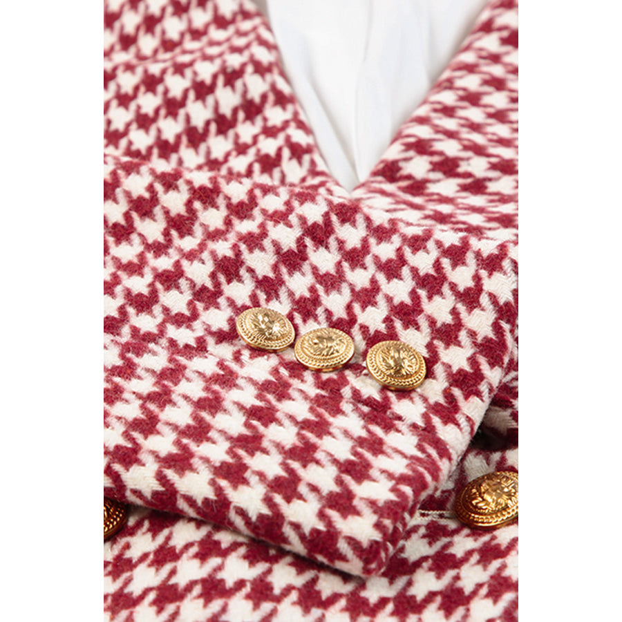 Houndstooth Collared Neck Double-Breasted Blazer Apparel and Accessories