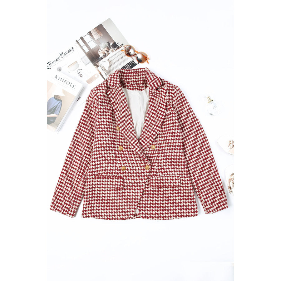 Houndstooth Collared Neck Double-Breasted Blazer Apparel and Accessories