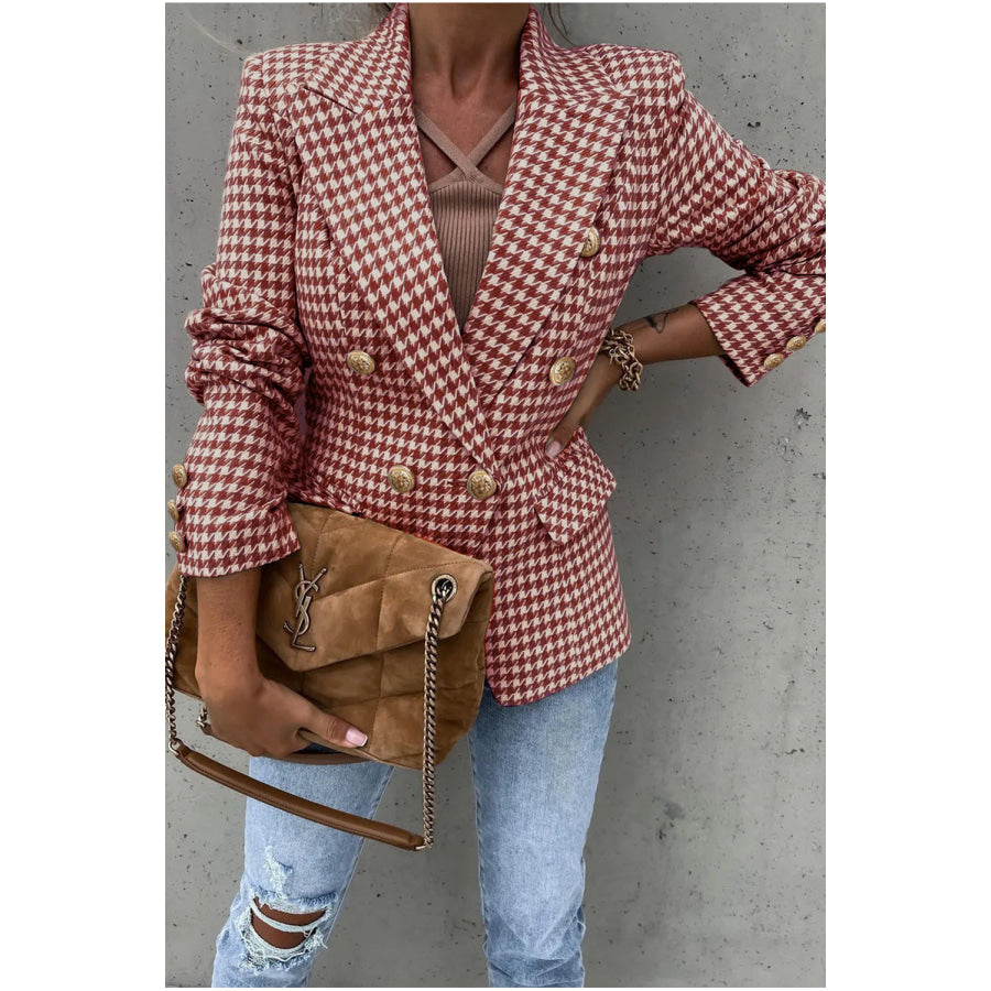 Houndstooth Collared Neck Double-Breasted Blazer Apparel and Accessories