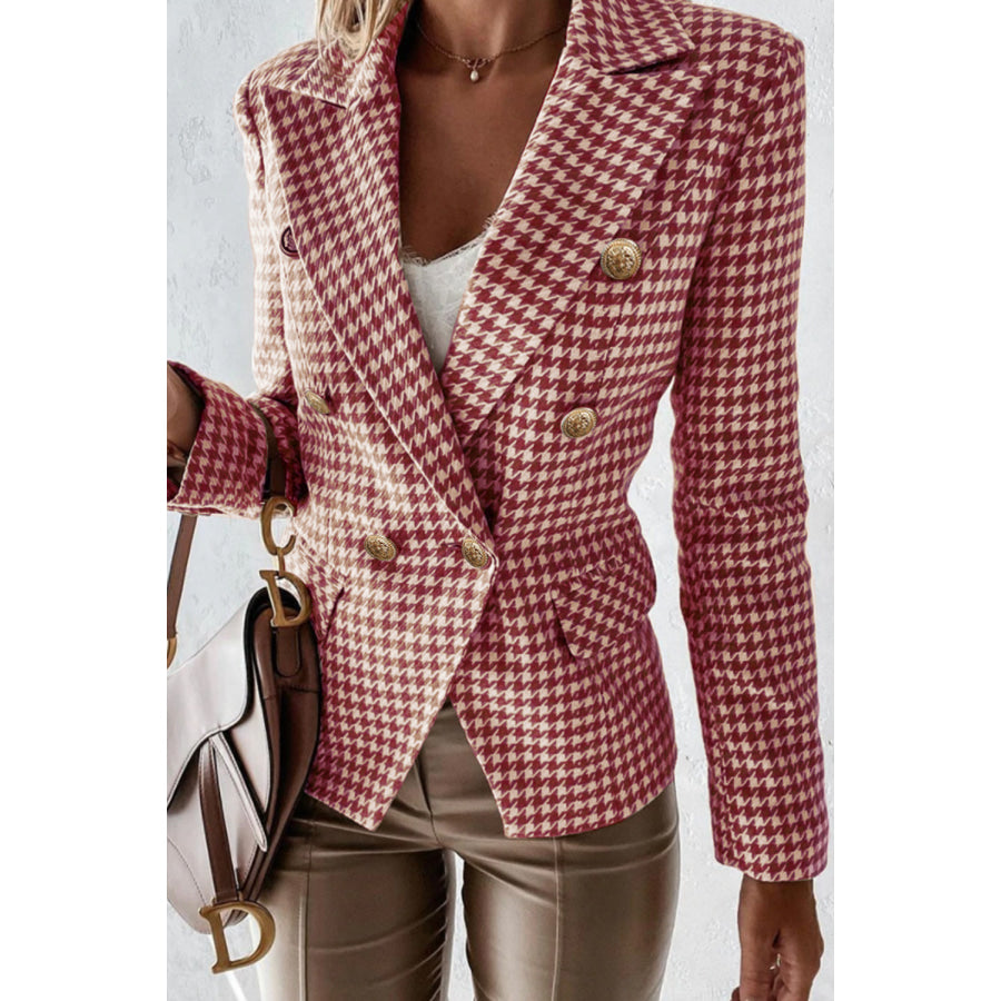 Houndstooth Collared Neck Double-Breasted Blazer Apparel and Accessories