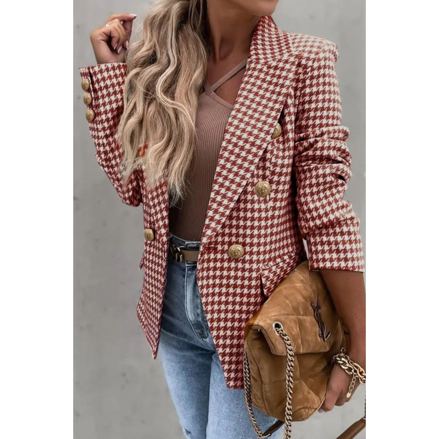 Houndstooth Collared Neck Double-Breasted Blazer Deep Red / S Apparel and Accessories