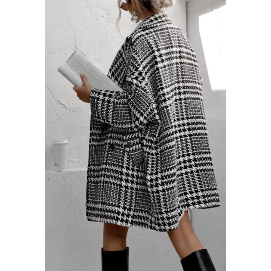 Houndstooth Collared Neck Long Sleeve Coat Apparel and Accessories