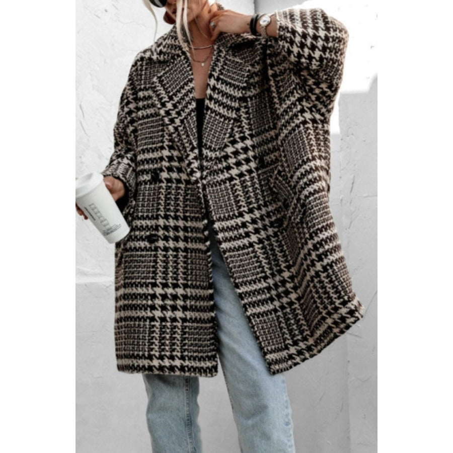 Houndstooth Collared Neck Long Sleeve Coat Apparel and Accessories