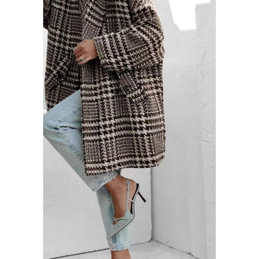 Houndstooth Collared Neck Long Sleeve Coat Apparel and Accessories