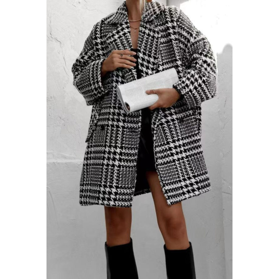 Houndstooth Collared Neck Long Sleeve Coat Apparel and Accessories