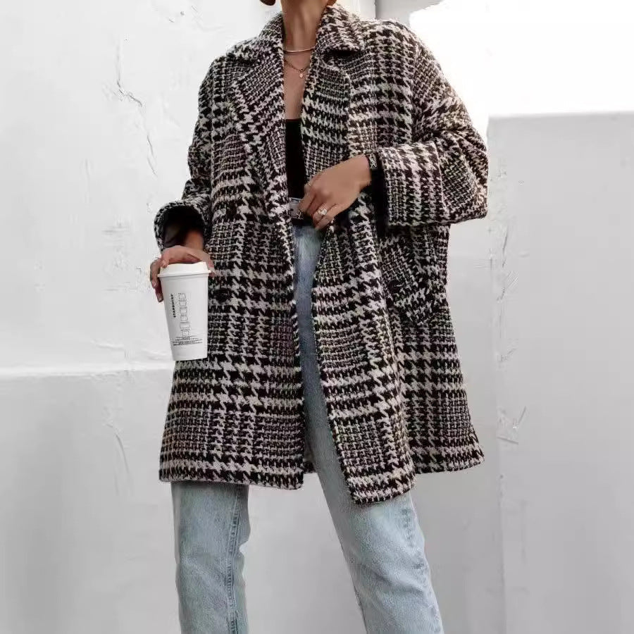 Houndstooth Collared Neck Long Sleeve Coat Apparel and Accessories