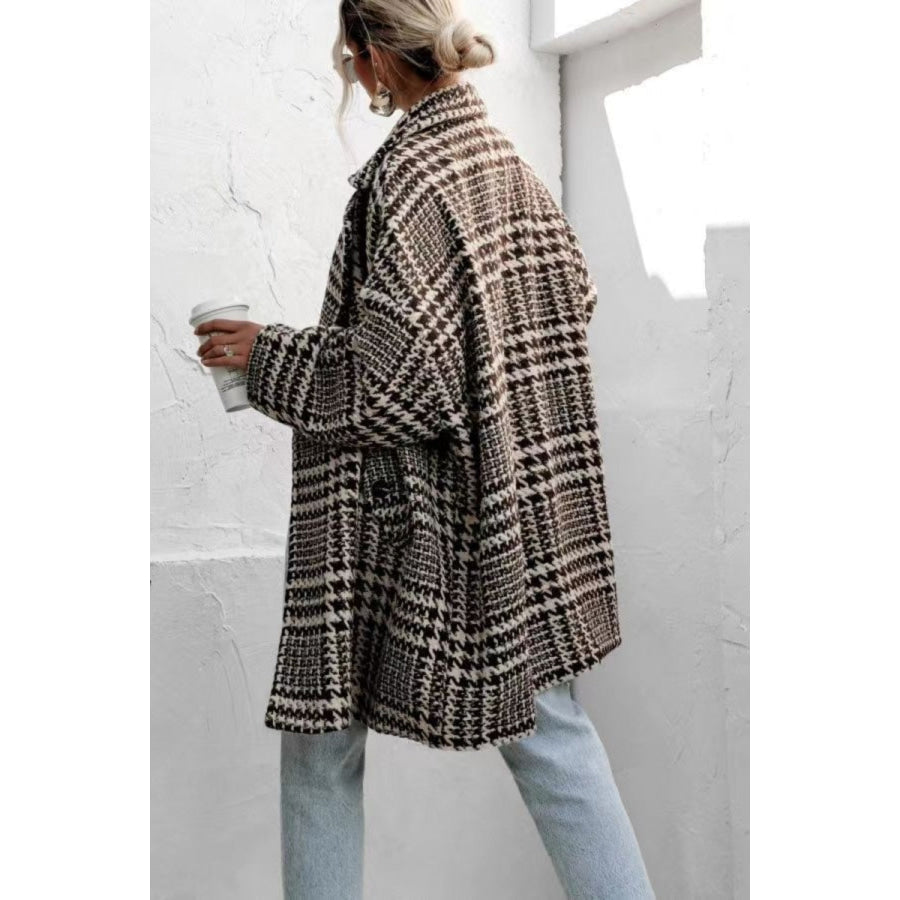 Houndstooth Collared Neck Long Sleeve Coat Apparel and Accessories