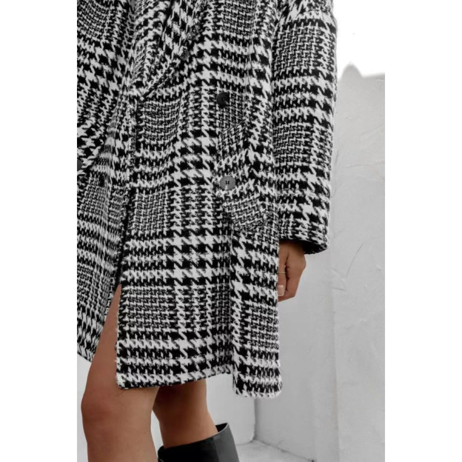 Houndstooth Collared Neck Long Sleeve Coat Apparel and Accessories