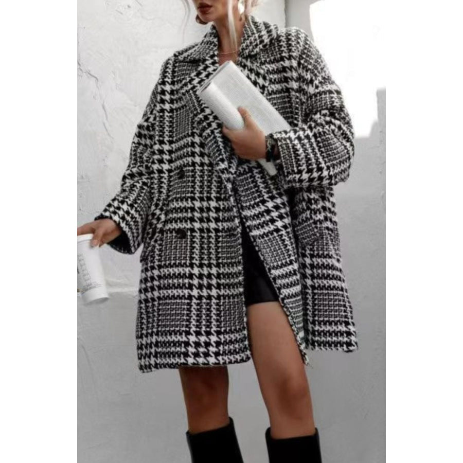 Houndstooth Collared Neck Long Sleeve Coat Black / S Apparel and Accessories