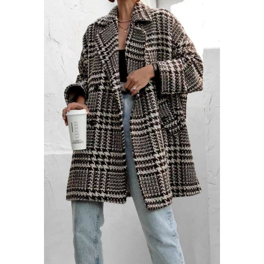 Houndstooth Collared Neck Long Sleeve Coat Brown / S Apparel and Accessories