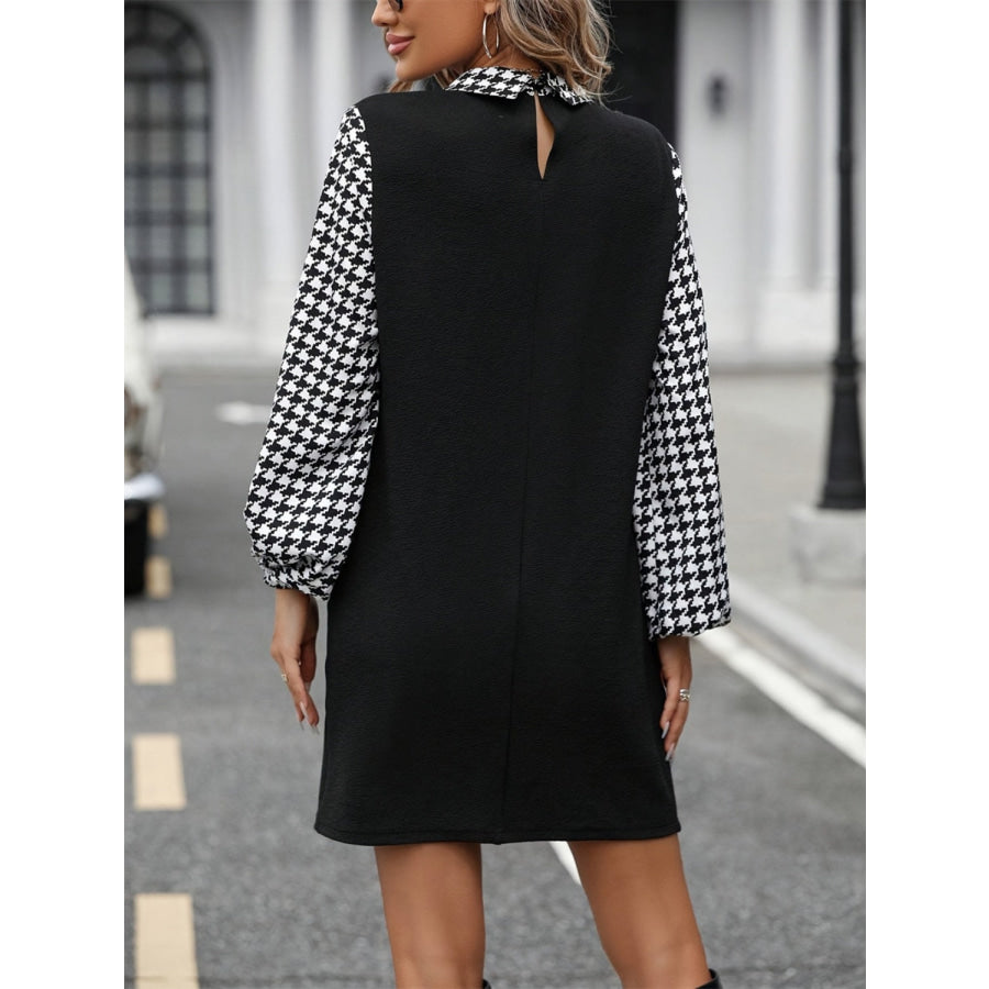 Houndstooth Collared Neck Long Sleeve Mini Dress Apparel and Accessories