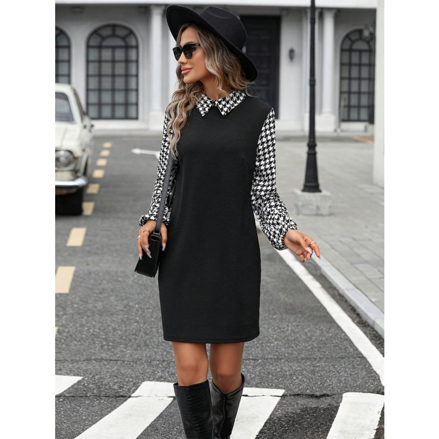 Houndstooth Collared Neck Long Sleeve Mini Dress Apparel and Accessories