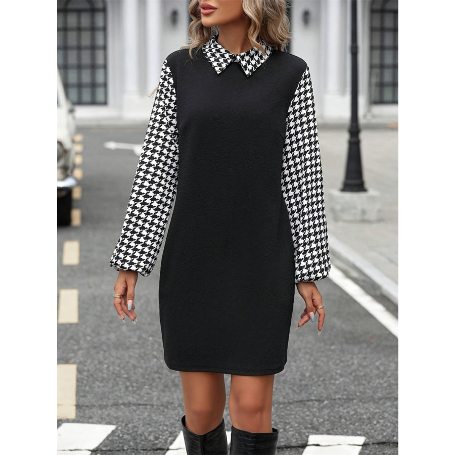 Houndstooth Collared Neck Long Sleeve Mini Dress Apparel and Accessories