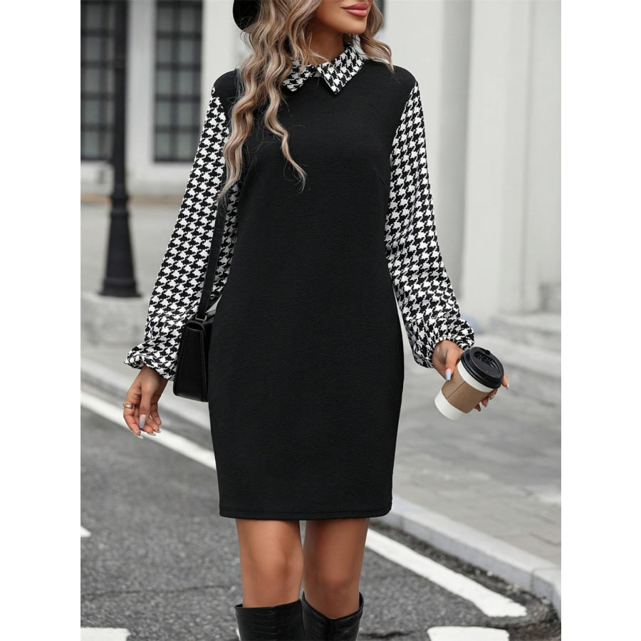 Houndstooth Collared Neck Long Sleeve Mini Dress Apparel and Accessories