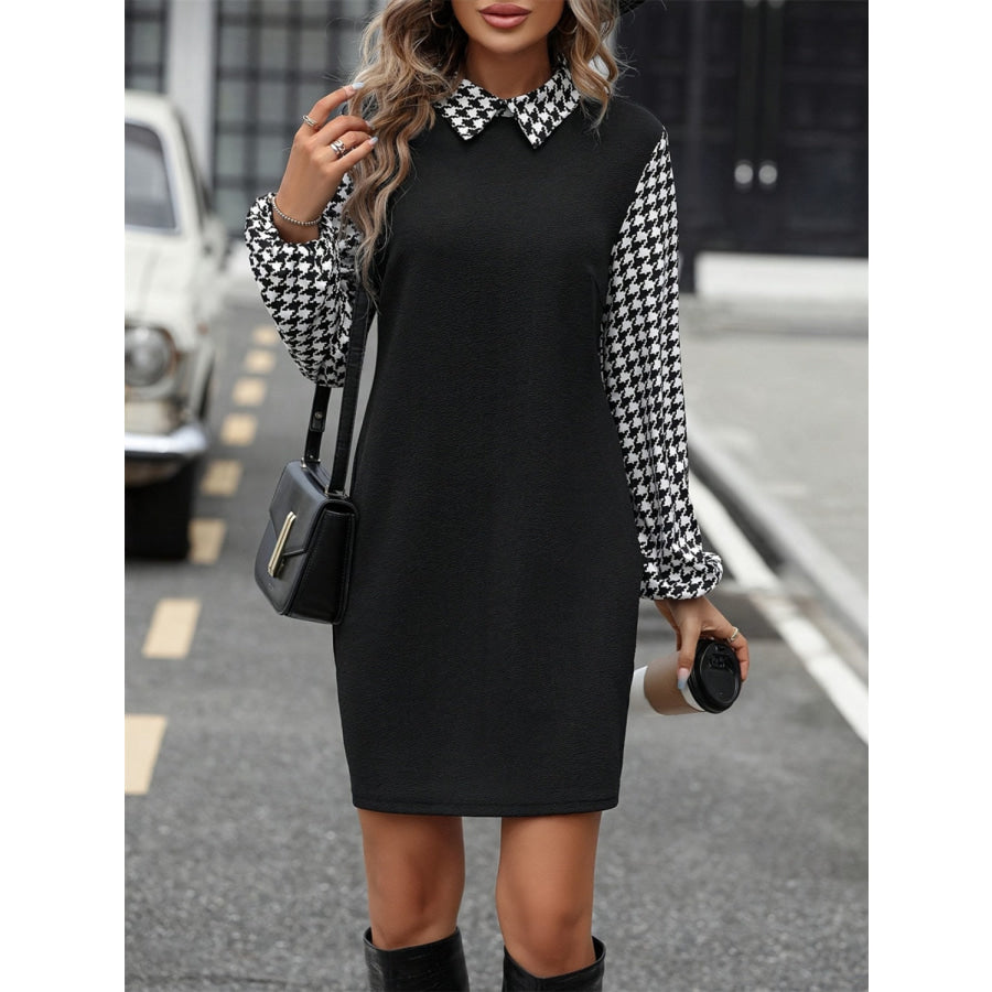 Houndstooth Collared Neck Long Sleeve Mini Dress Black / S Apparel and Accessories