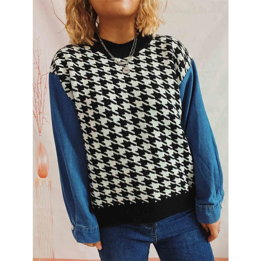 Houndstooth Denim Sleeve Sweater Black / S