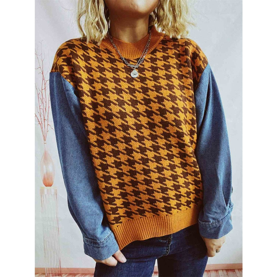 Houndstooth Denim Sleeve Sweater Caramel / S