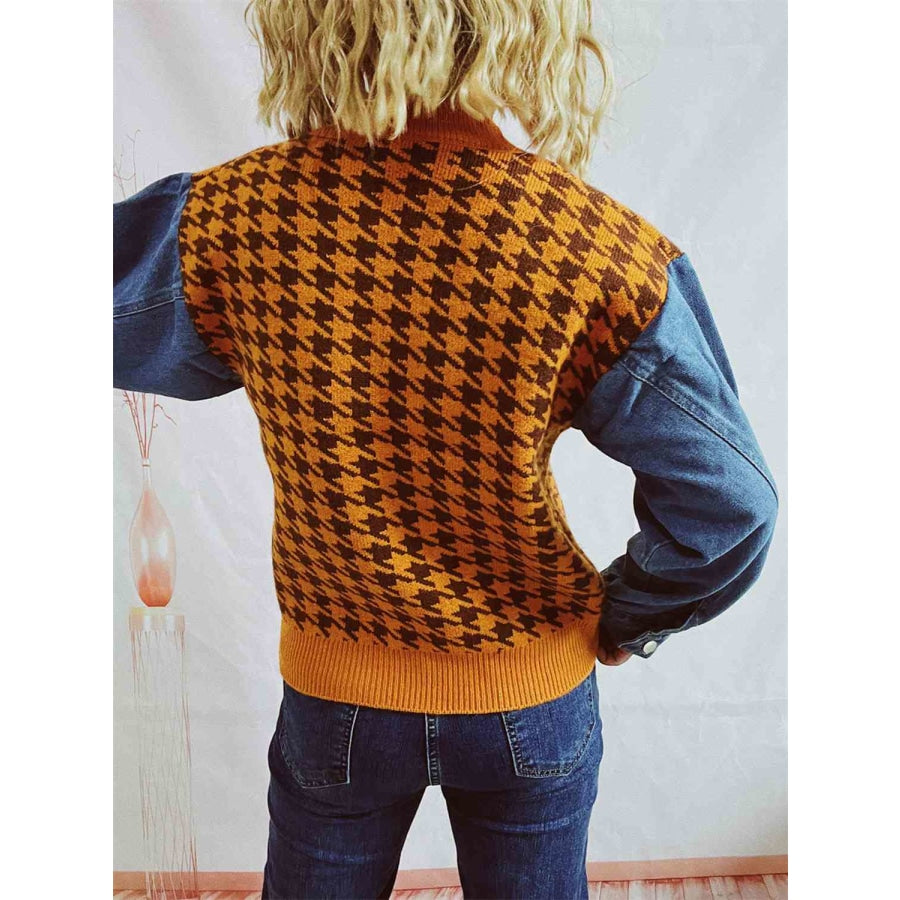 Houndstooth Denim Sleeve Sweater Caramel / S