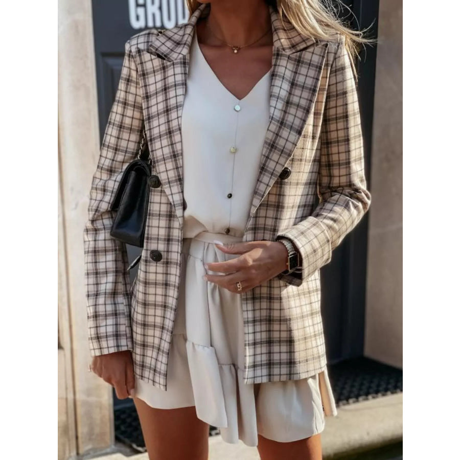 Houndstooth Double-Breasted Blazer Khaki / S Apparel and Accessories