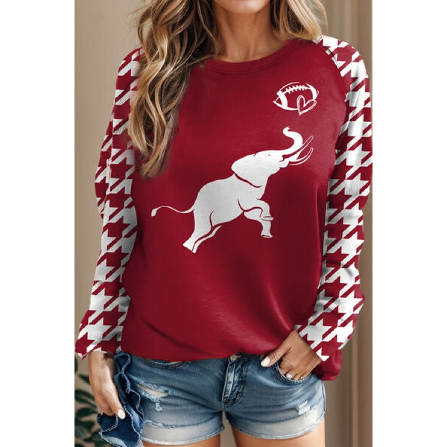 Houndstooth Elephant Graphic Round Neck T-Shirt Deep Red / S Apparel and Accessories