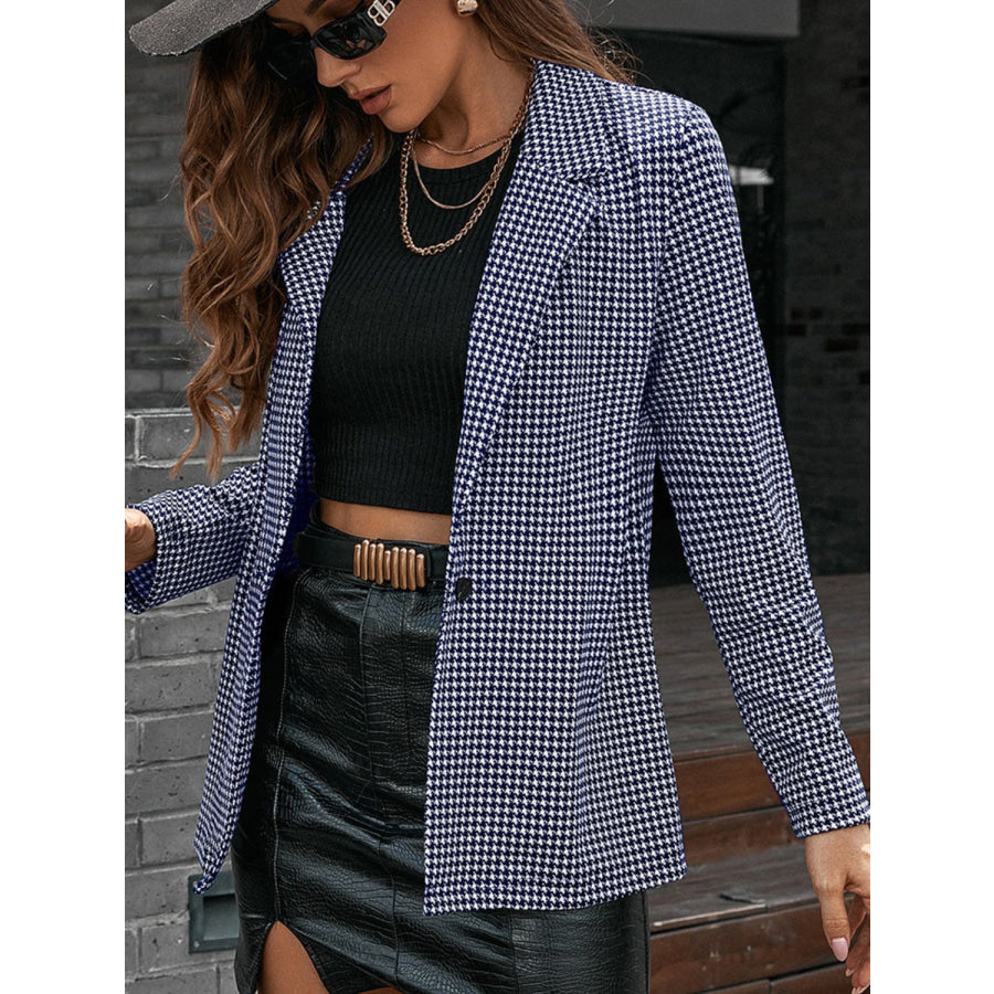 Houndstooth Lapel Collar Long Sleeve Blazer Navy / S