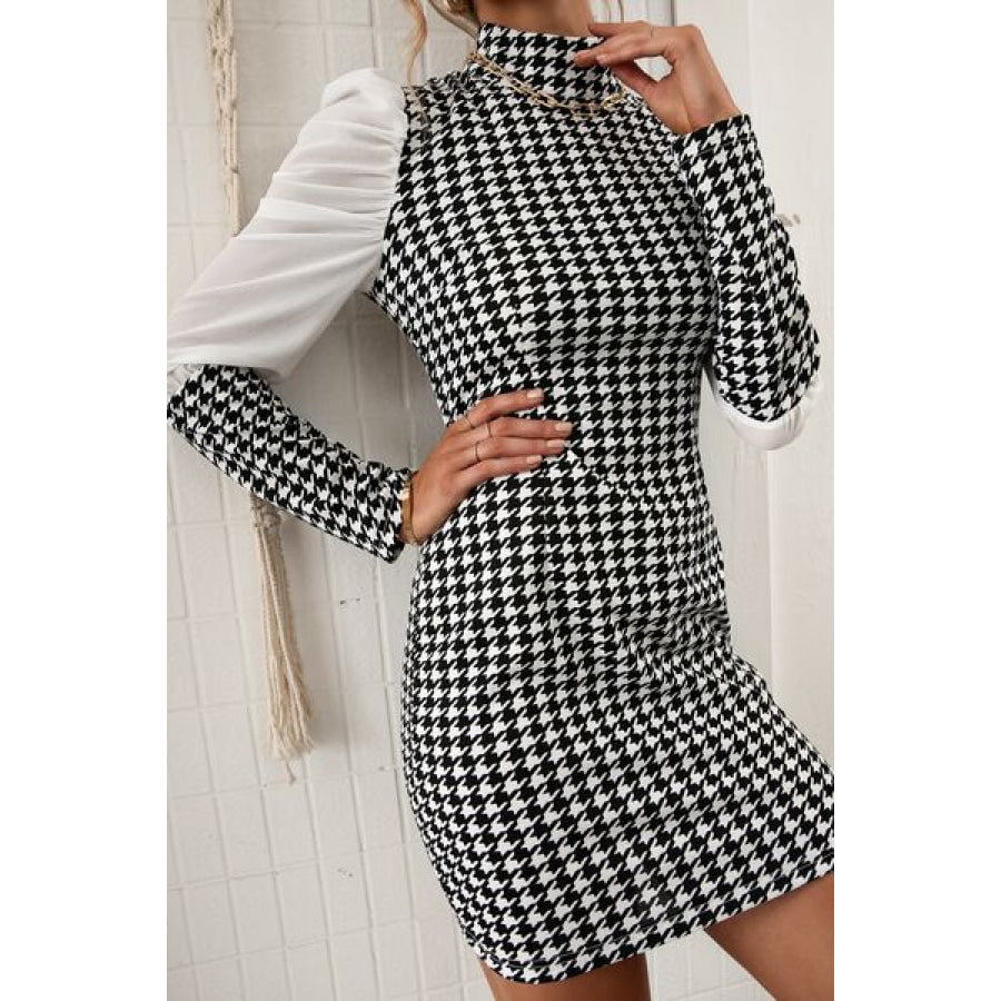 Houndstooth Mock Neck Puff Sleeve Dress Apparel and Accessories