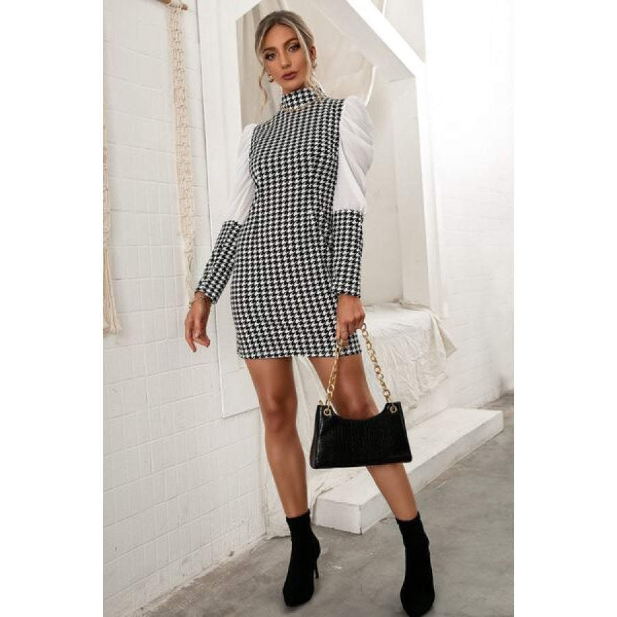 Houndstooth Mock Neck Puff Sleeve Dress Apparel and Accessories